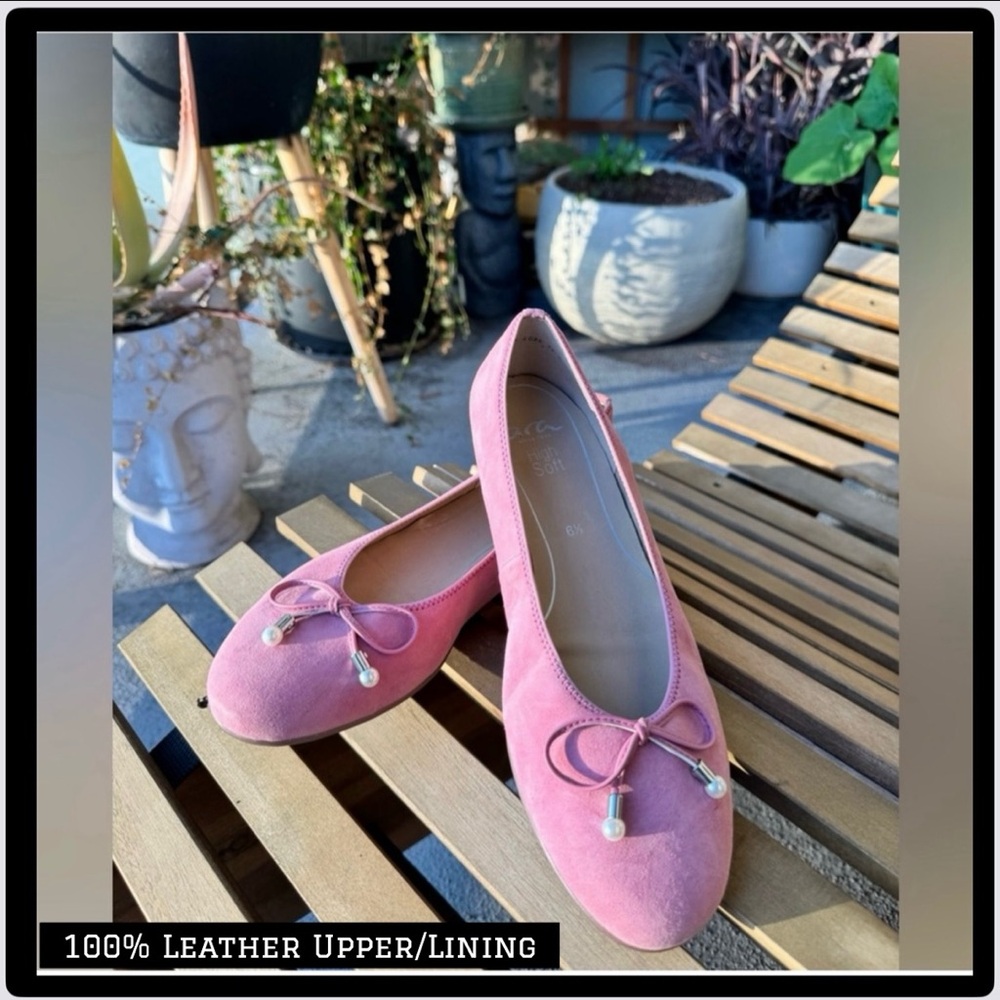 Ara Pink Suede Ballet Flat Slip On Embellished with Pearls and Bow Tie - US 9